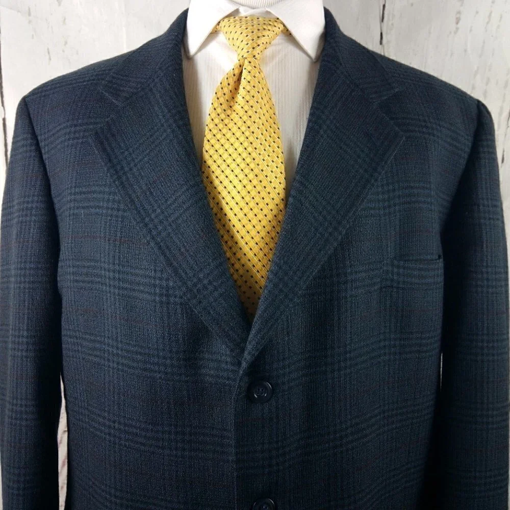 Corporate Gear Munsing Wear 46L Lambswool 3 Button Blue Plaid Suit Blazer Jacket